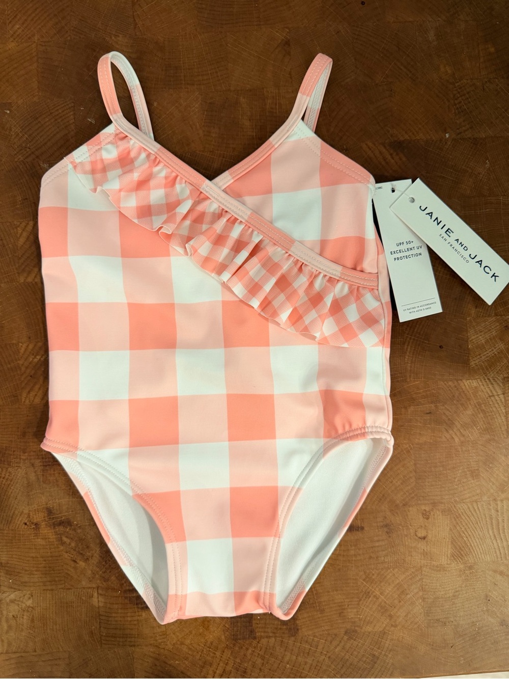 NWT Janie and Jack Pink and White Gingham One-Piece Swimsuit with Ruffle